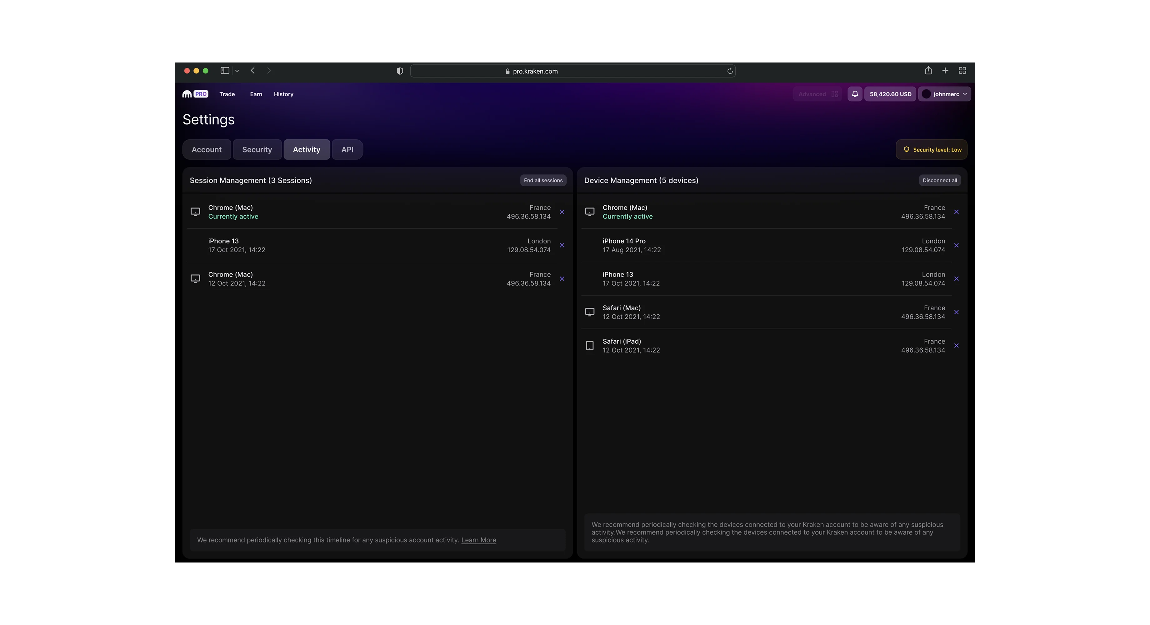 Settings and session management